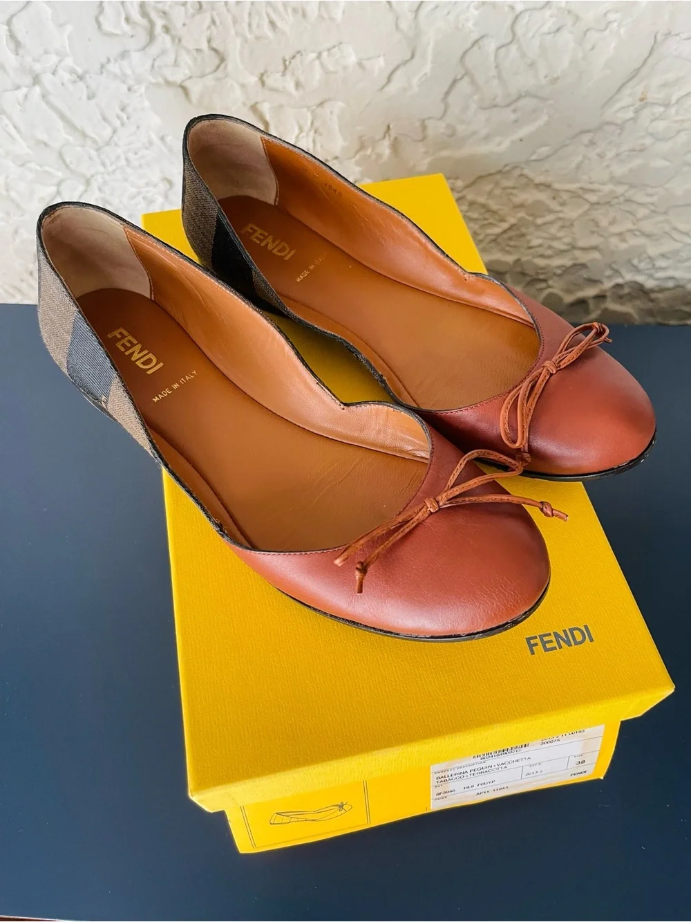 Authentic Fendi Brown Leather & Striped Fabric Ballet Flats Size 38 EUR